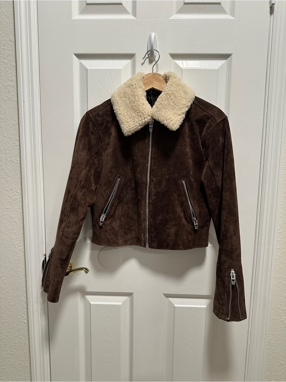 Blank NYC Dark Brown Suede Jacket with Cream Shearling Collar